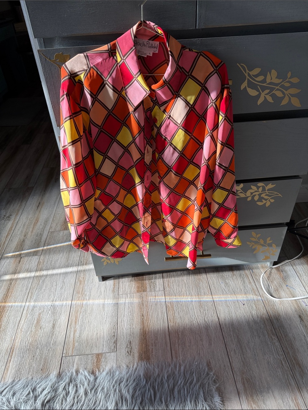 Diane Von Furstenberg silk Pink Orange Yellow Geometric Button-Up Blouse
